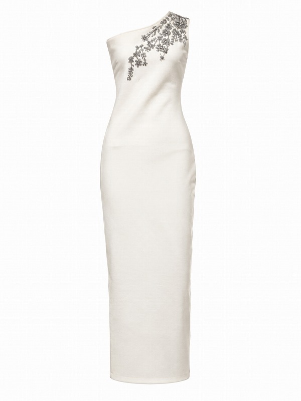 【新品DRESS 1896】アシンメトリーフラワービジューワンショルミモレ丈タイトミディアムドレス ホワイト【KAREN MILLEN】